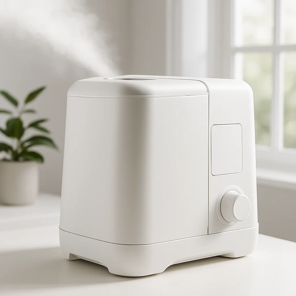 A clean utility room showing a bypass whole-house humidifier mounted on a furnace plenum, copper water line connected, with a digital humidistat on the wall nearby